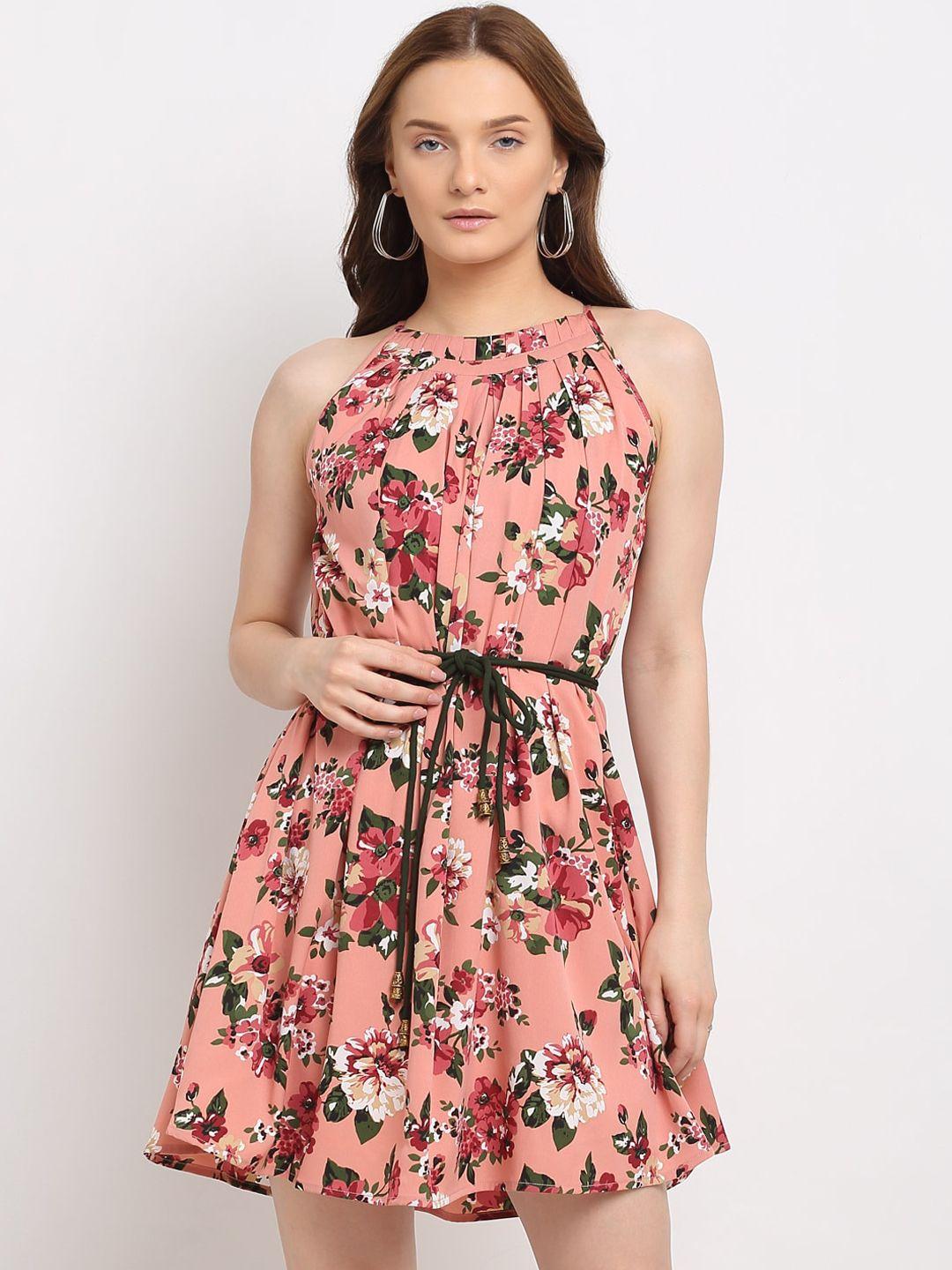 la zoire pink & white floral halter neck dress with tie up details