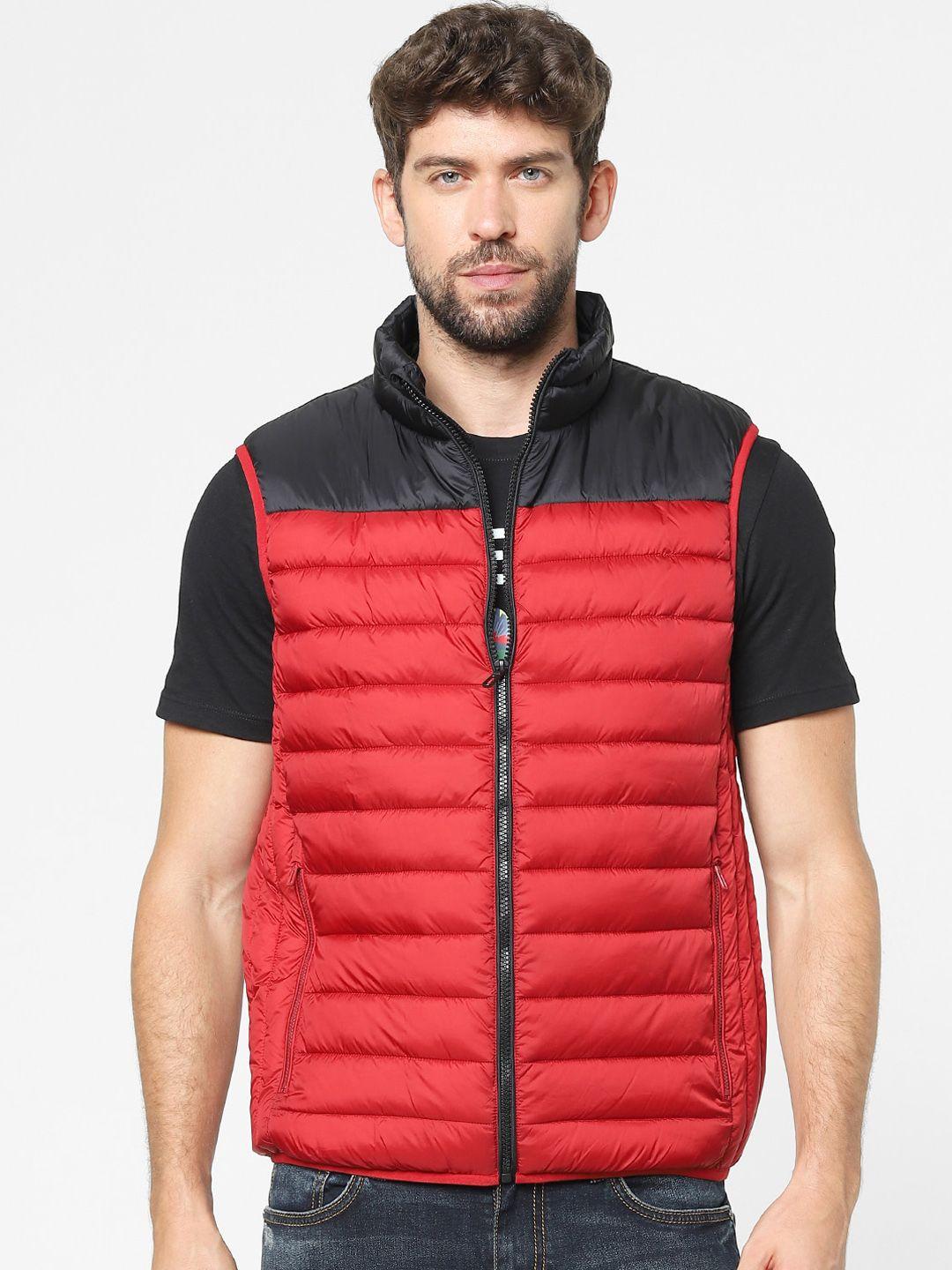 celio men red & black colourblocked puffer jacket