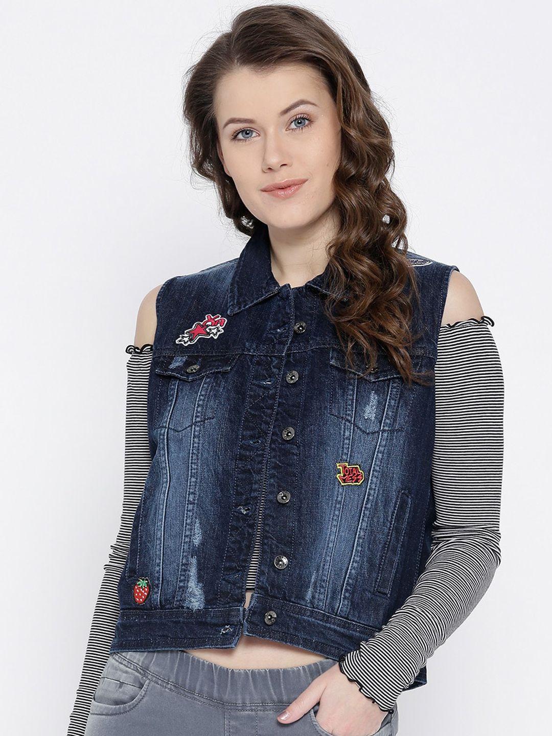 xpose women navy blue washed crop denim jacket