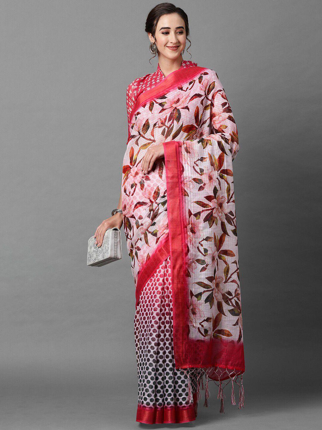 mitera pink & white floral zari linen blend saree