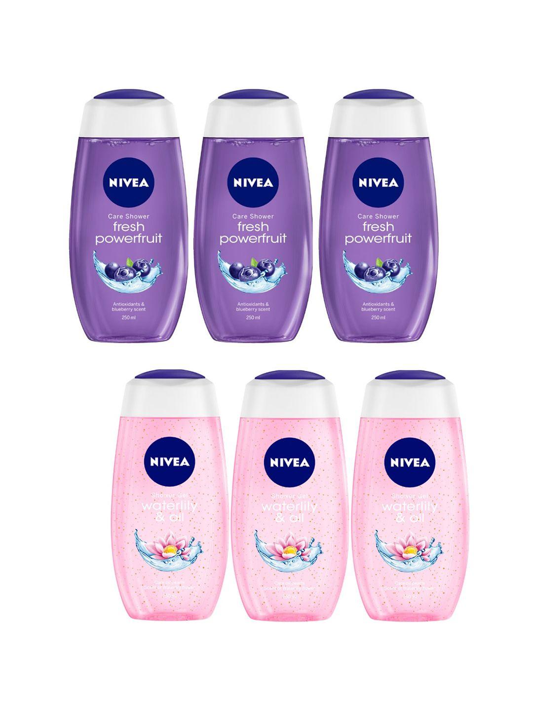 nivea set of 6 fresh powerfruit- waterlily & oil shower gels