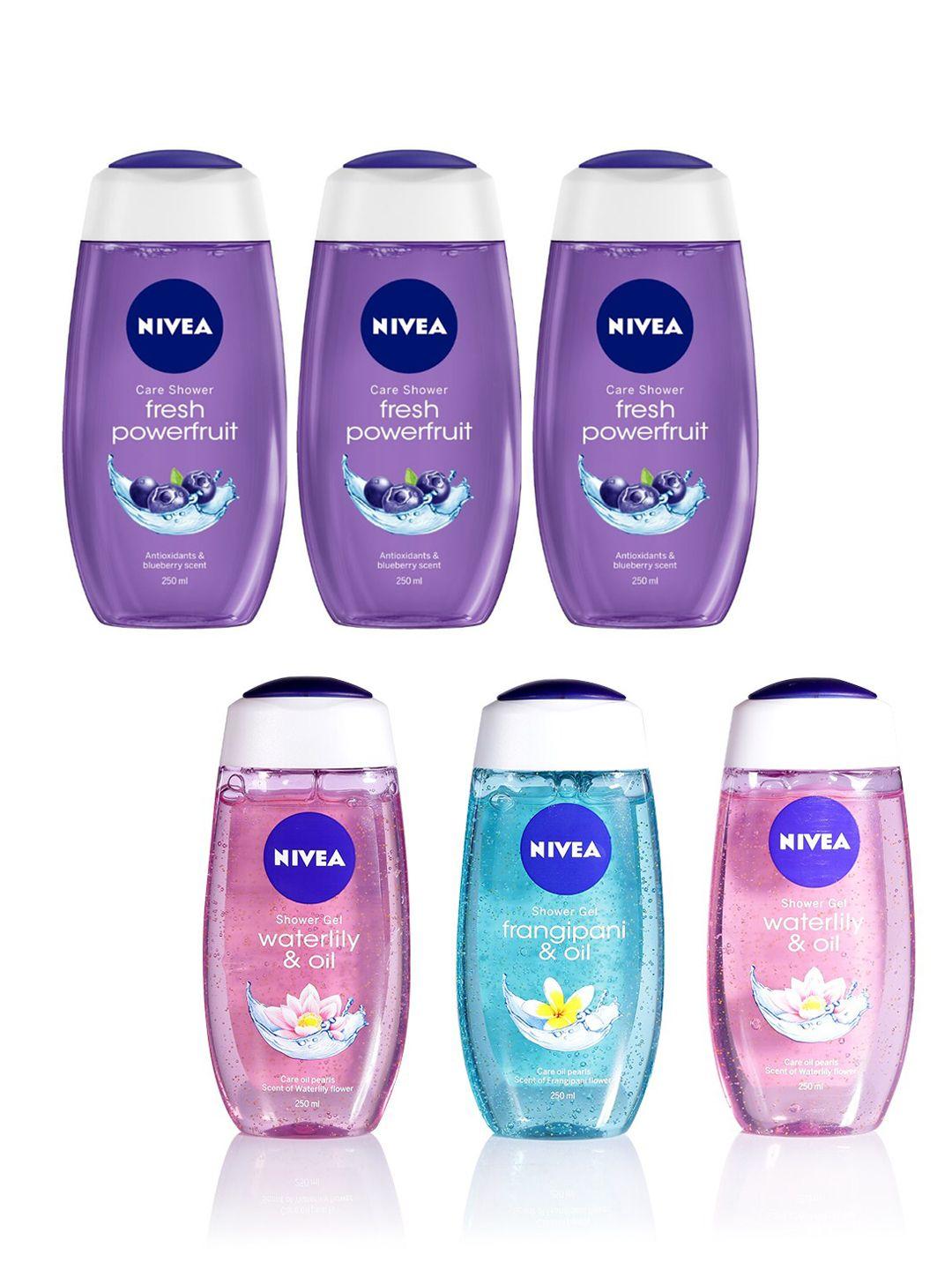 nivea set of 6 fresh powerfruit- waterlily & oil - frangipani & oil shower gels