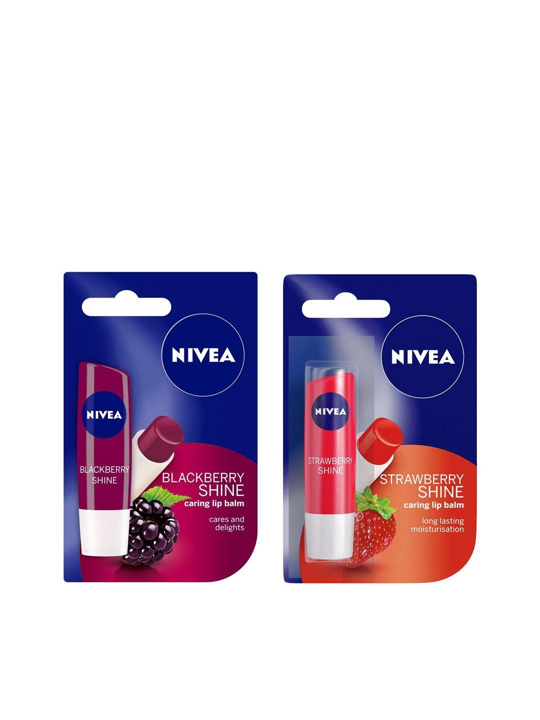 nivea set of strawberry shine & blackberry shine caring lip balms