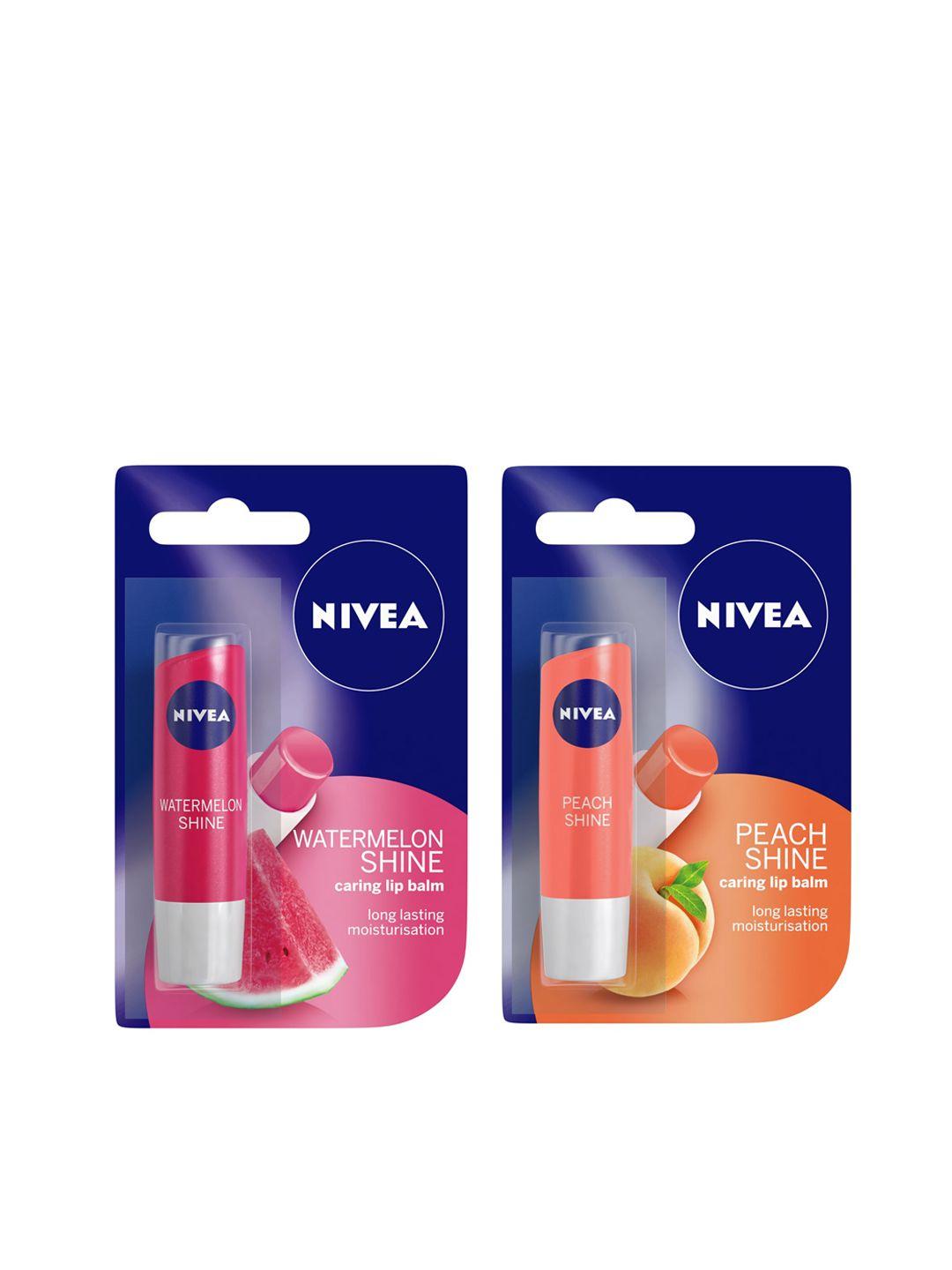 nivea set of watermelon shine & peach shine caring lip balms