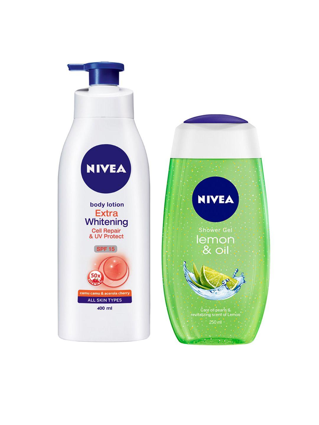 nivea set of extra whitening cell repair body lotion with lemon & oil shower gel