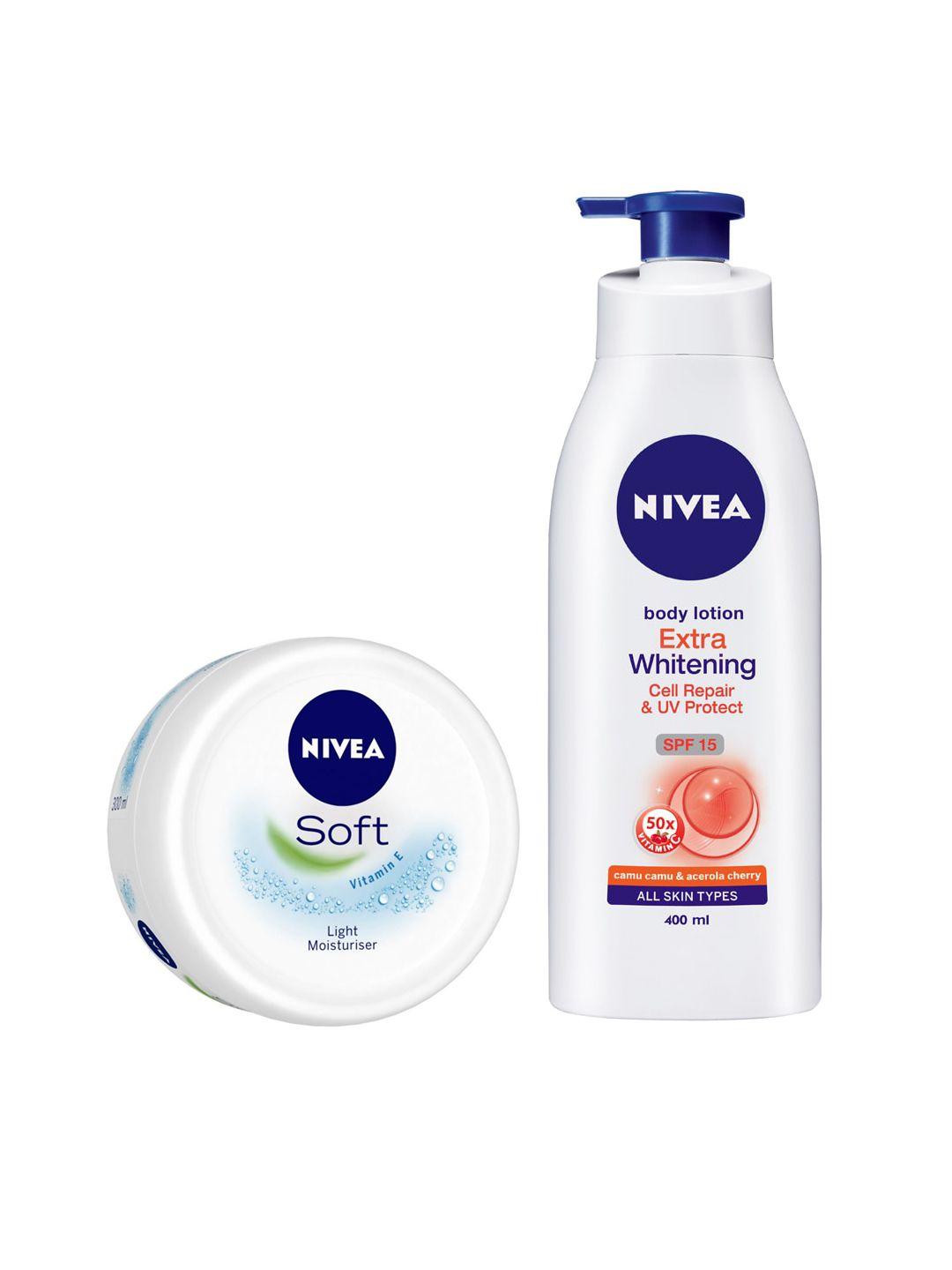 nivea set of extra whitening cell repair body lotion & soft vitamin e light moisturiser