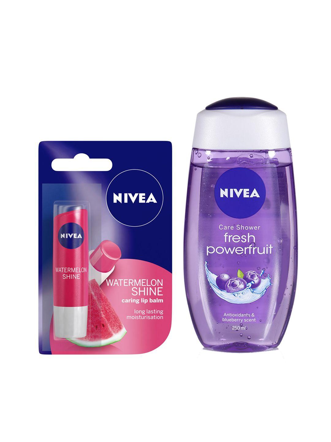 nivea set of fresh powerfruit shower gel & watermelon shine caring lip balm