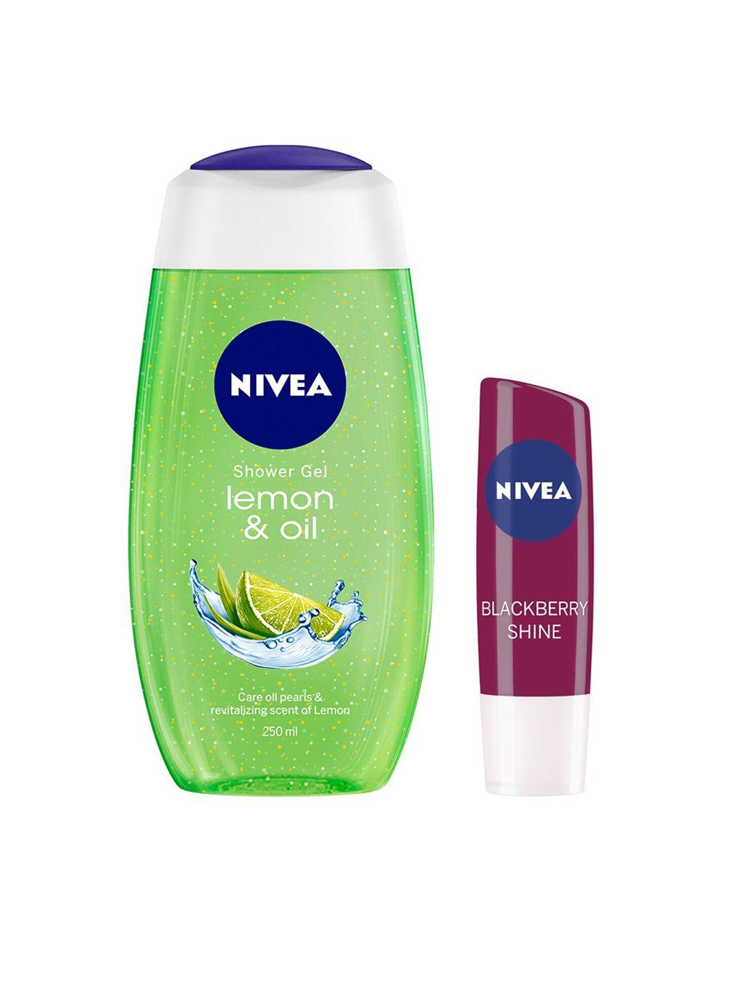 nivea set of lemon & oil shower gel & blackberry shine caring lip balm