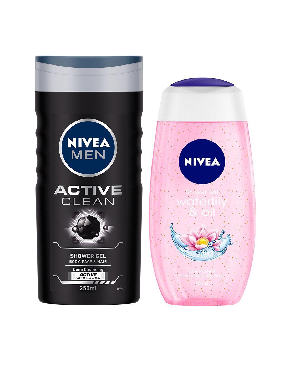 nivea unisex set of active clean 3-in-1 with waterlily & oil shower gel