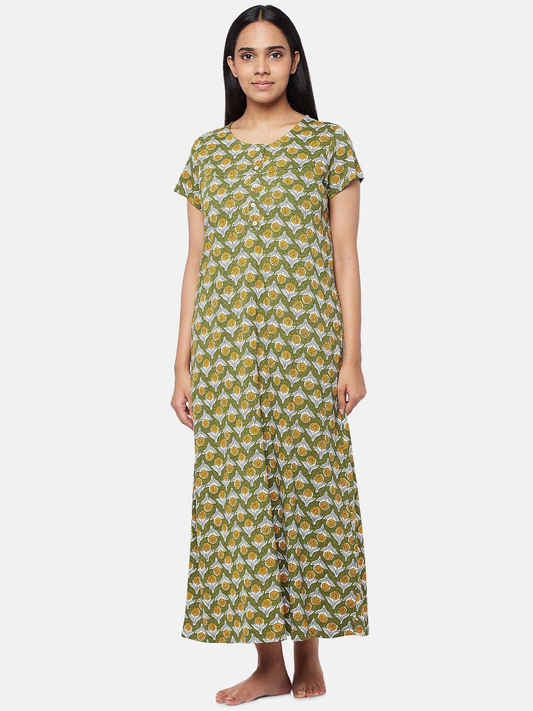 rangmanch by pantaloons olive green printed maxi nightdress