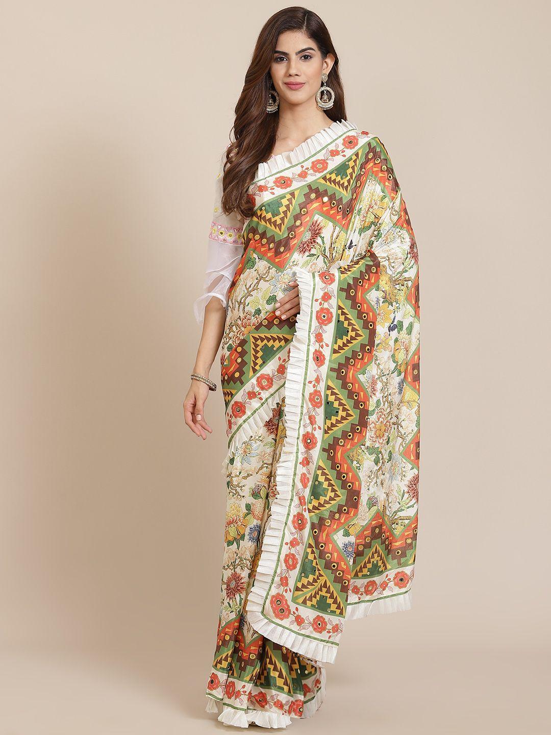 mitera white & green floral mirror work pure crepe saree