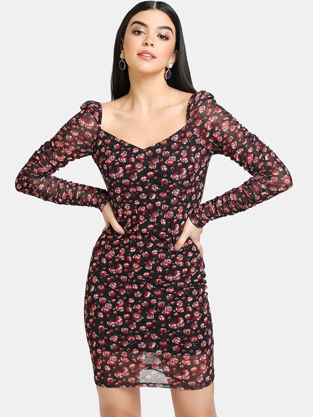 kazo black & red floral bodycon dress