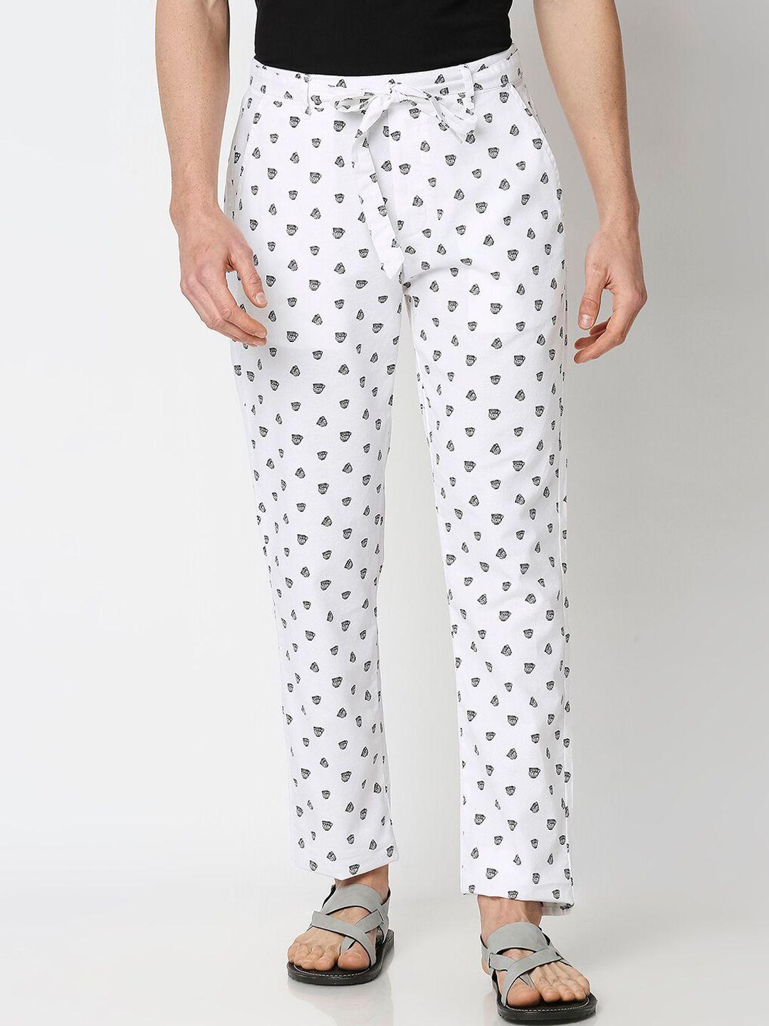 bewakoof men white printed slim fit trousers