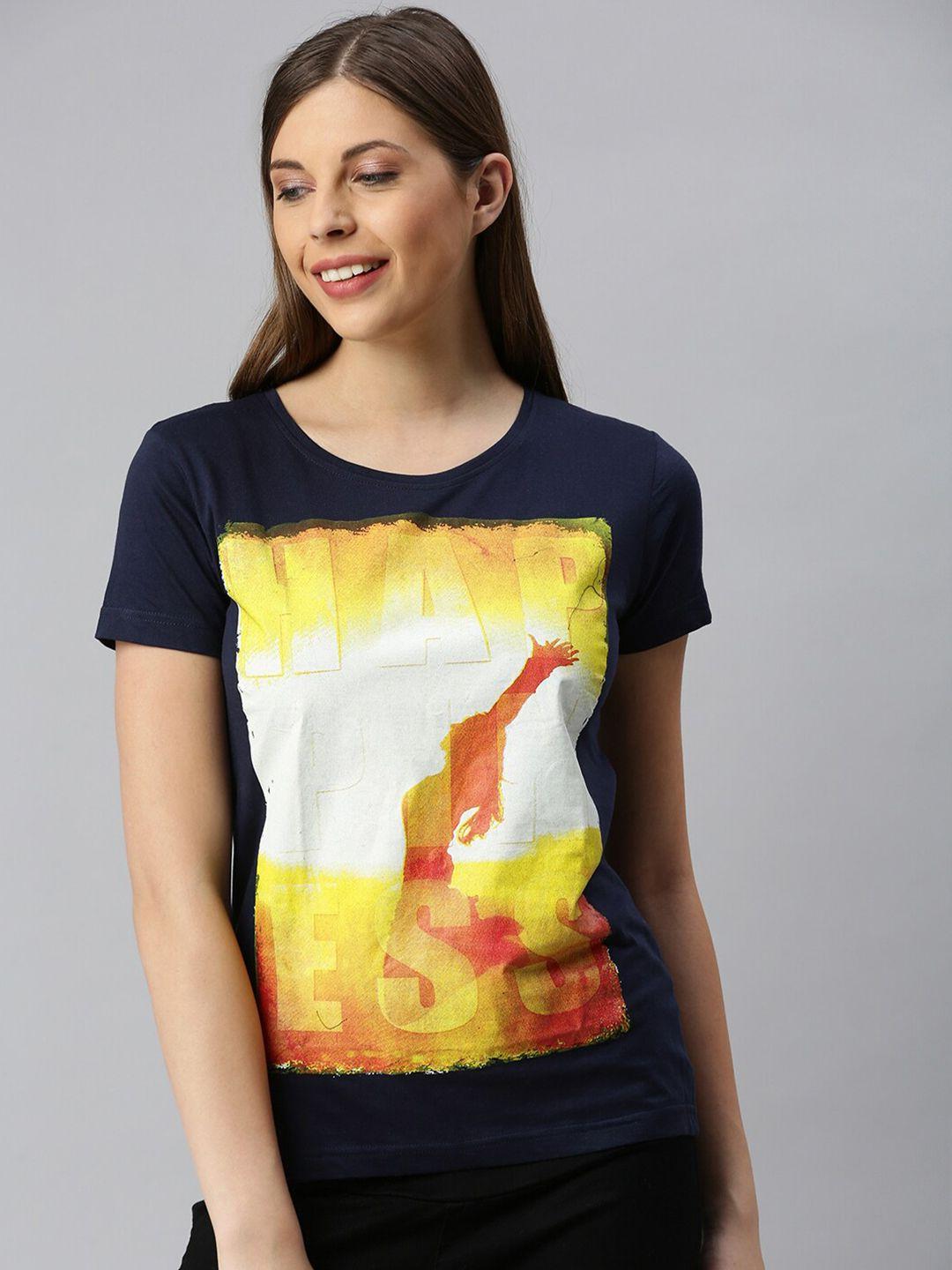 kryptic women navy blue & yellow printed t-shirt