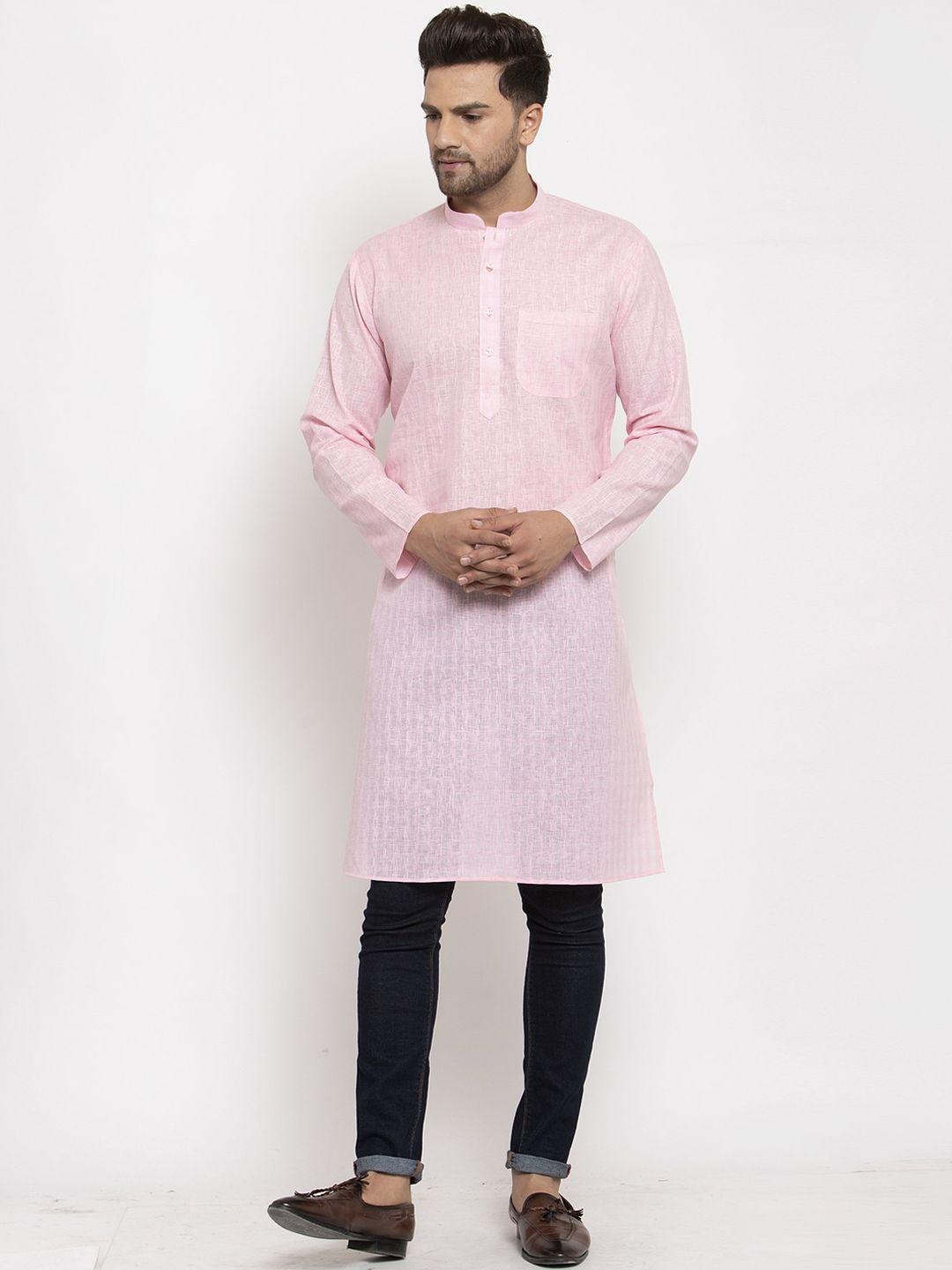 kraft india men pink woven design dobby kurta