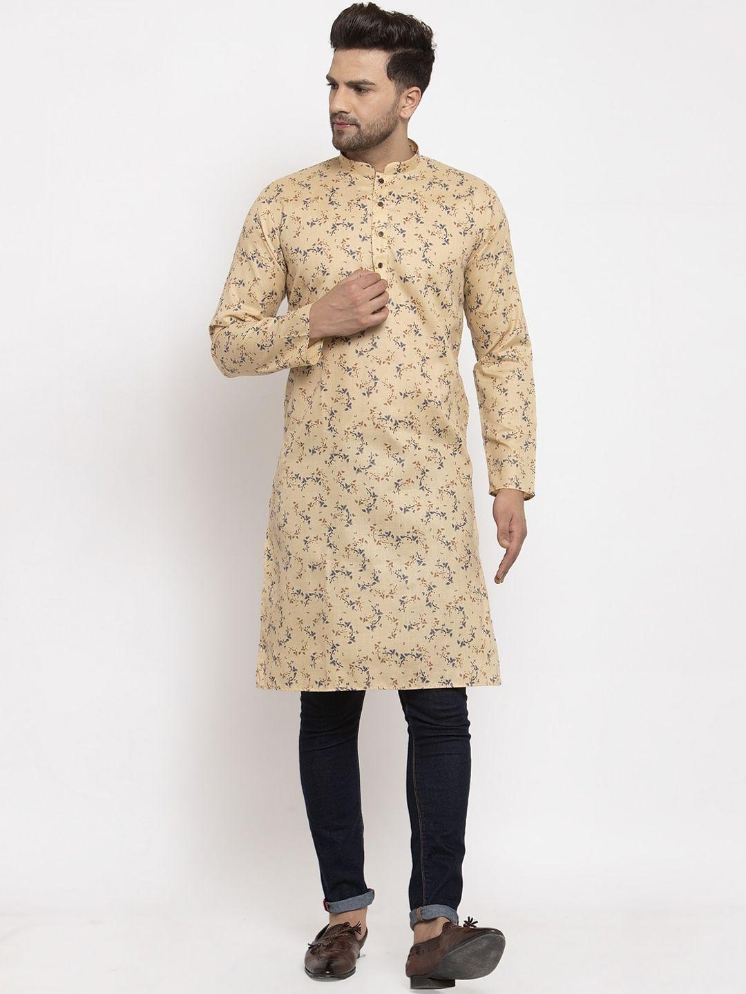 kraft india men beige & blue floral printed straight kurta