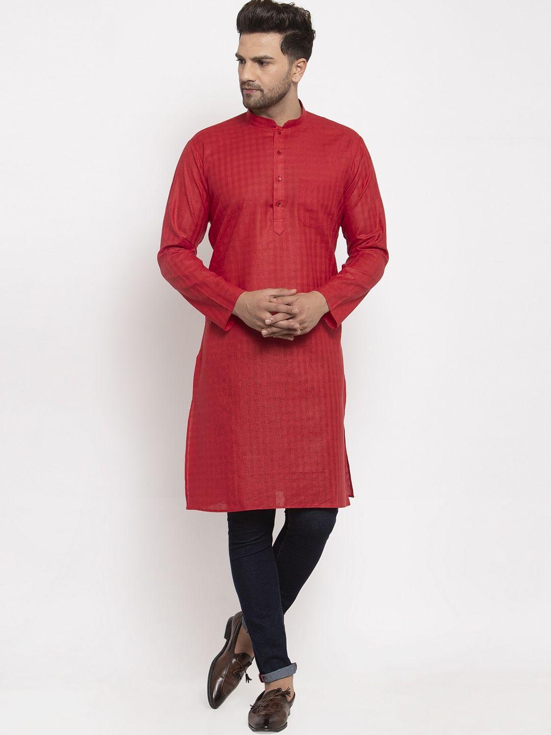 kraft india men red cotton dobby woven design straight kurta