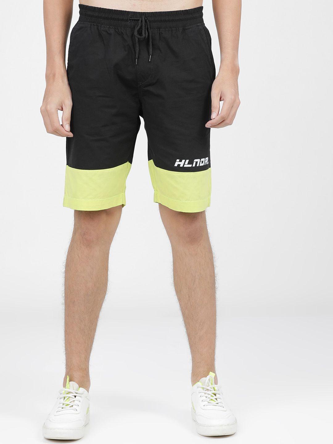 highlander men black & neon green colourblocked slim fit regular shorts