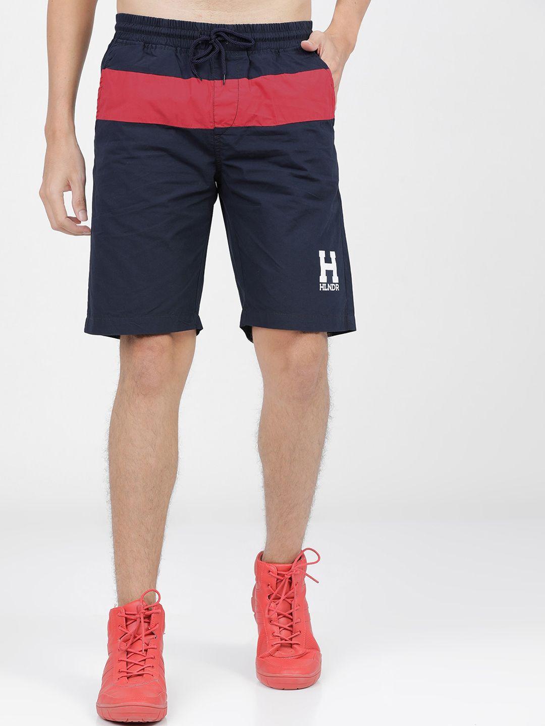 highlander men navy blue & red colourblocked slim fit shorts