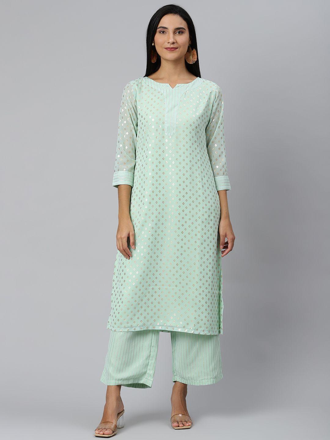 ives women green ethnic motifs printed regular kurta with palazzos