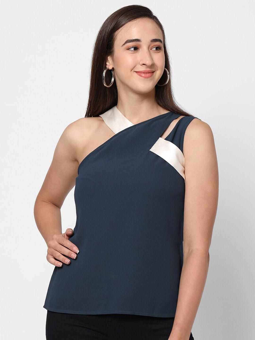 mish navy blue & majolica blue one shoulder georgette regular top