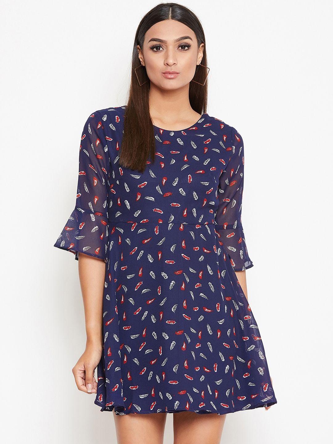 la zoire women navy blue conversational printed georgette fit and flare dress