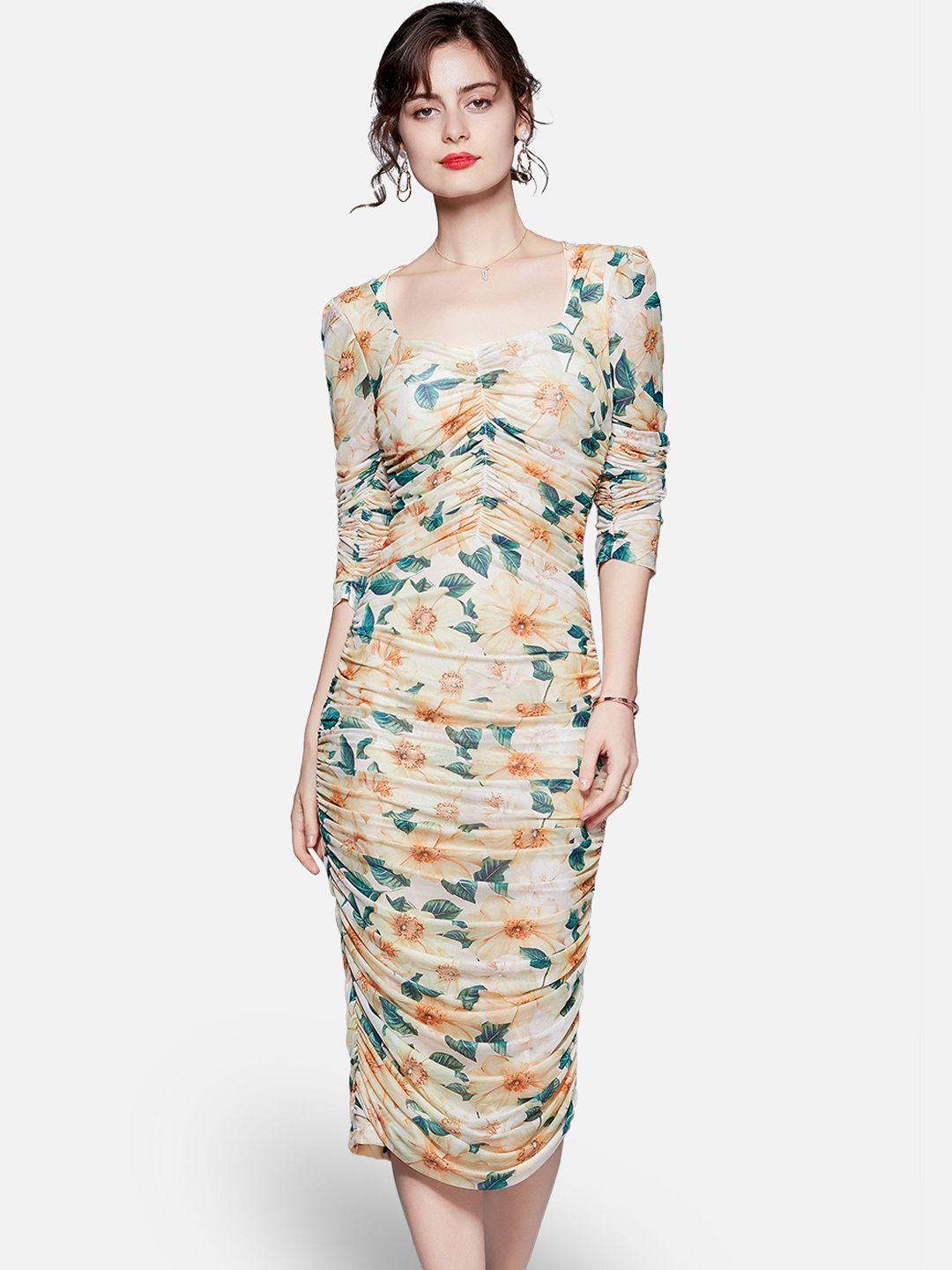 jc collection women yellow & green floral bodycon midi dress