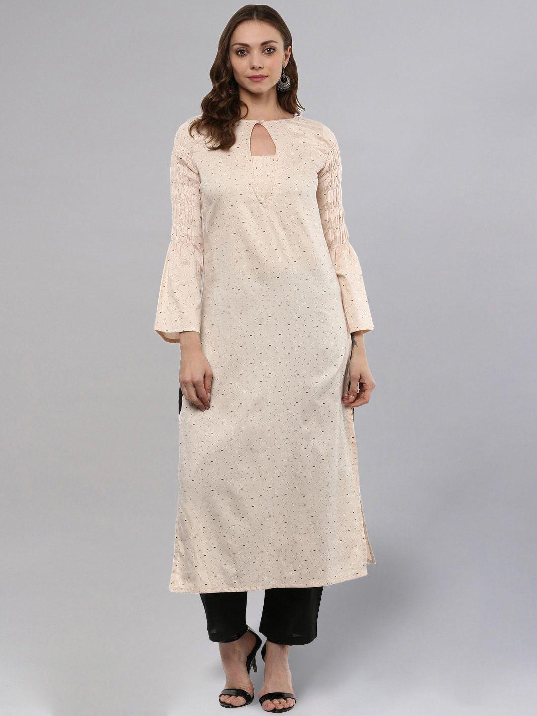 idalia women beige geometric printed keyhole neck smocked flared sleeves kurta