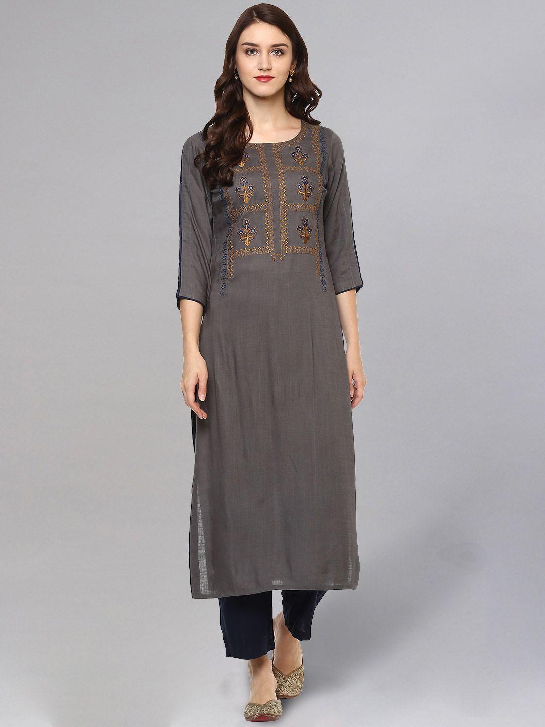 idalia women grey & gold-coloured ethnic motifs yoke design thread work kurta