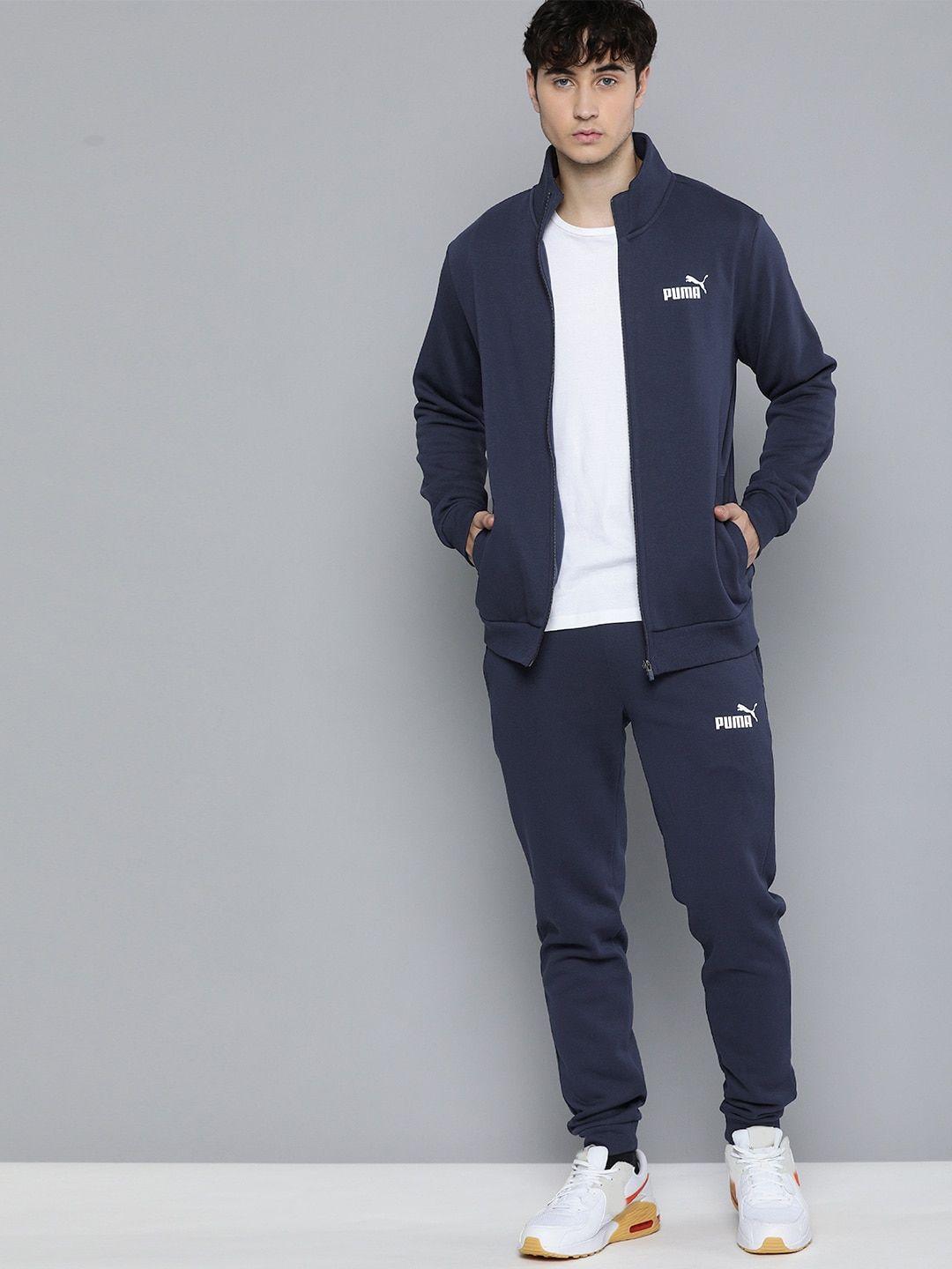 puma men navy blue slim fit clean solid tracksuit