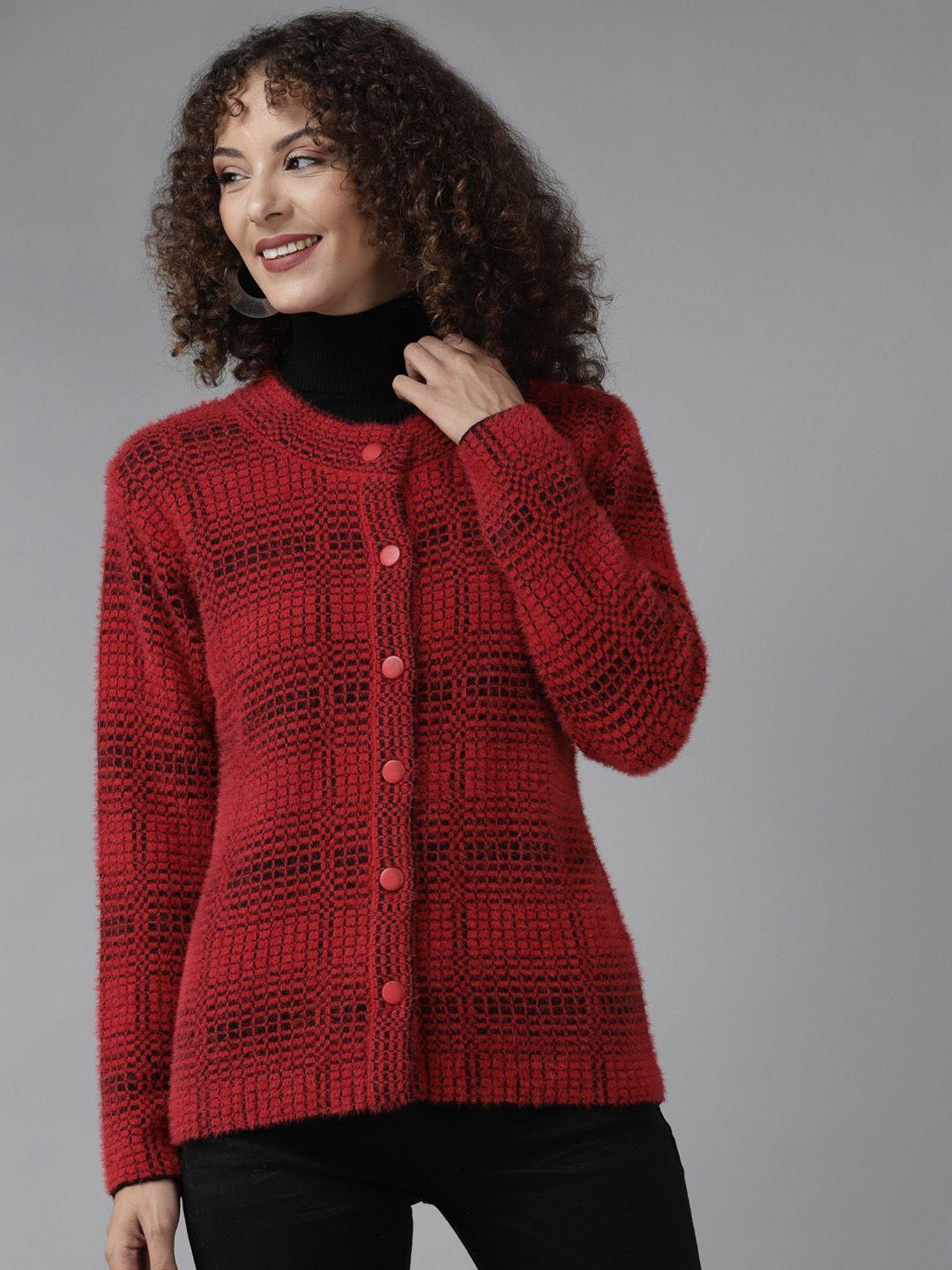 cayman women red & black fuzzy checked woollen cardigan