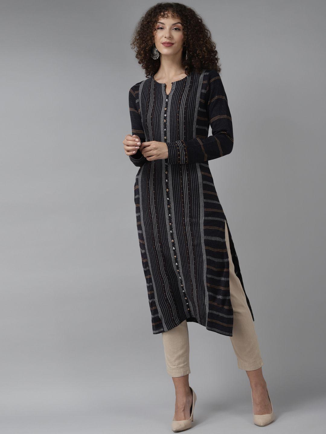 cayman women navy blue & white striped woollen straight winter kurta