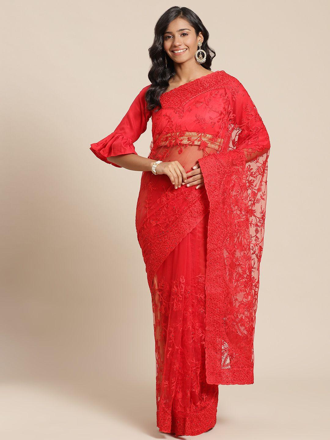 chhabra 555 red ethnic motifs embroidered net saree