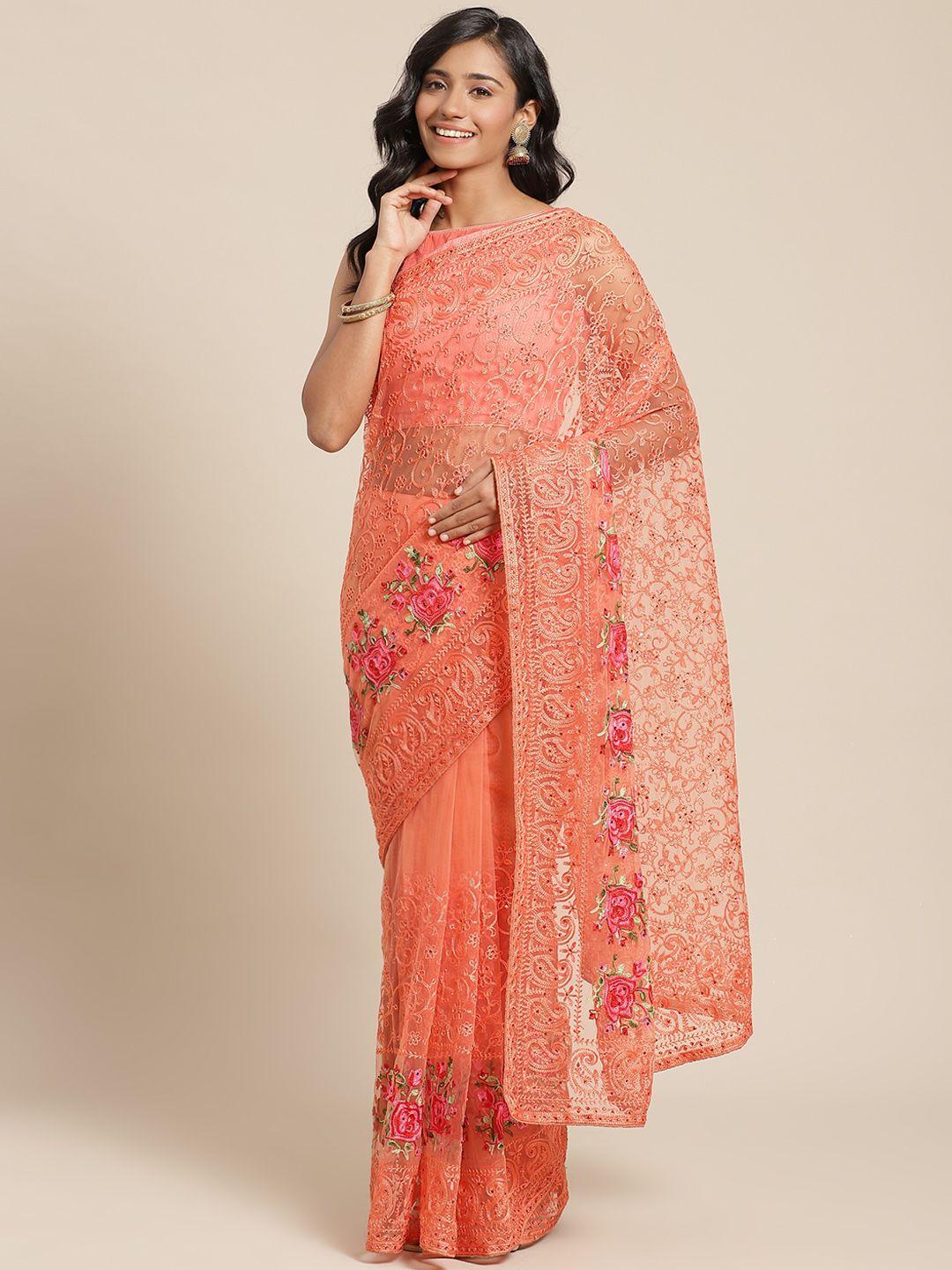 chhabra 555 peach coloured ethnic motifs embroidered net heavy work saree