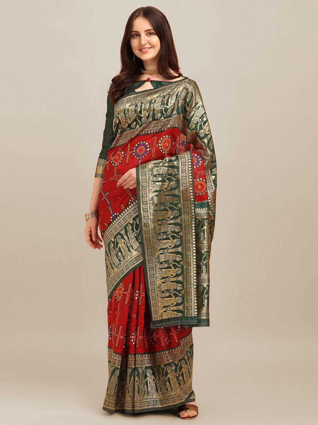 mitera red & green woven design zari banarasi saree