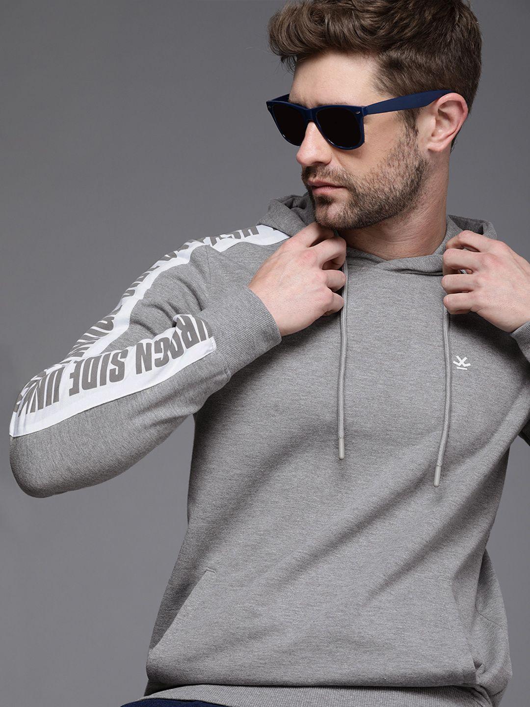 wrogn men grey side print detail hooded pullover sweatshirt