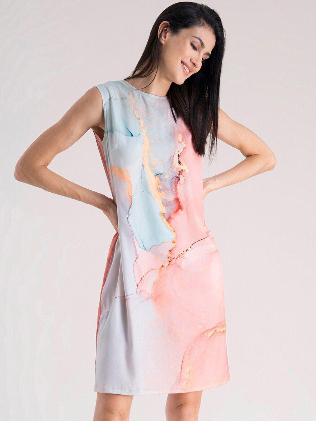 fablestreet women peach-coloured & blue marble print shift dress