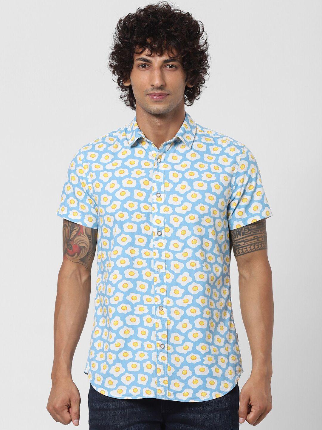 jack & jones men blue slim fit opaque printed casual shirt