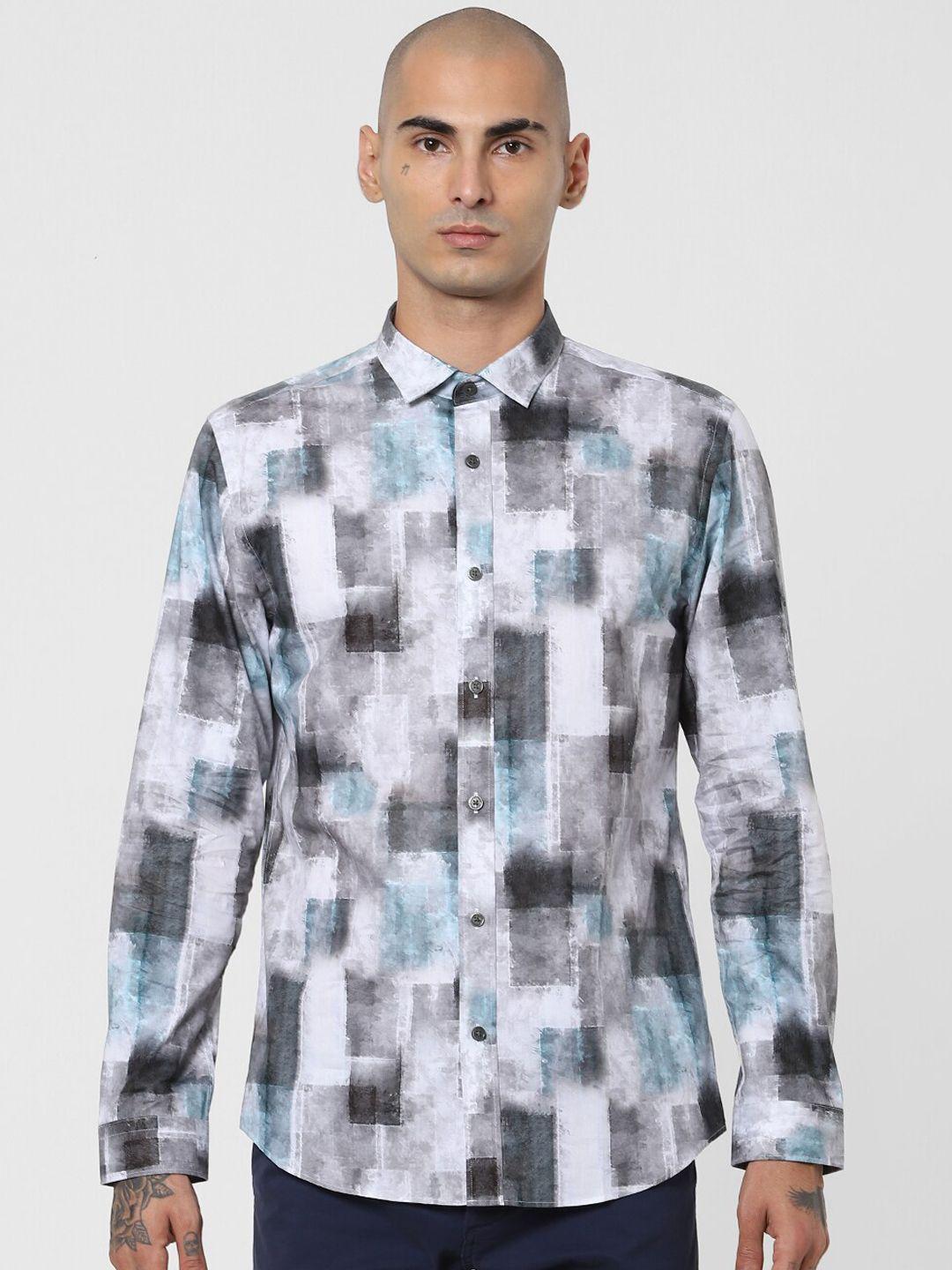 jack & jones men grey slim fit opaque printed casual shirt