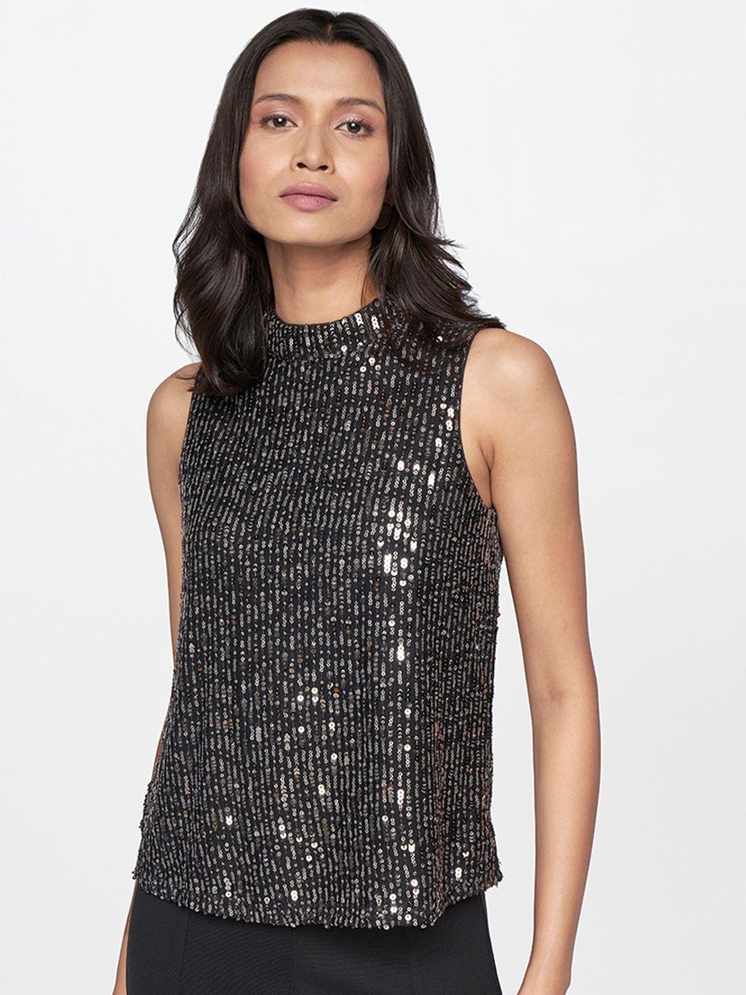 and black & silver-toned embellished high neck regular top