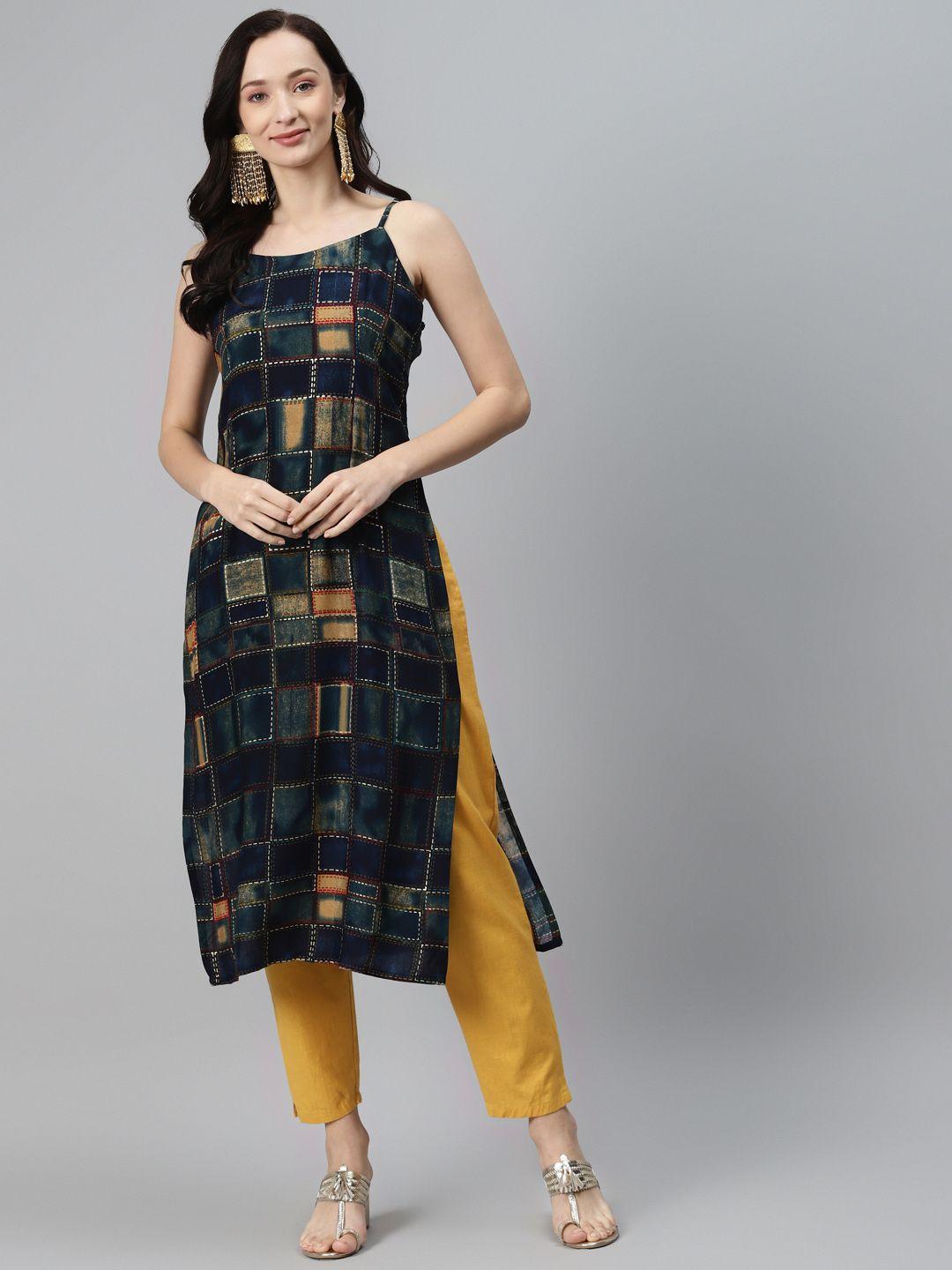 rang gali women navy blue & mustard yellow geometric printed kurta