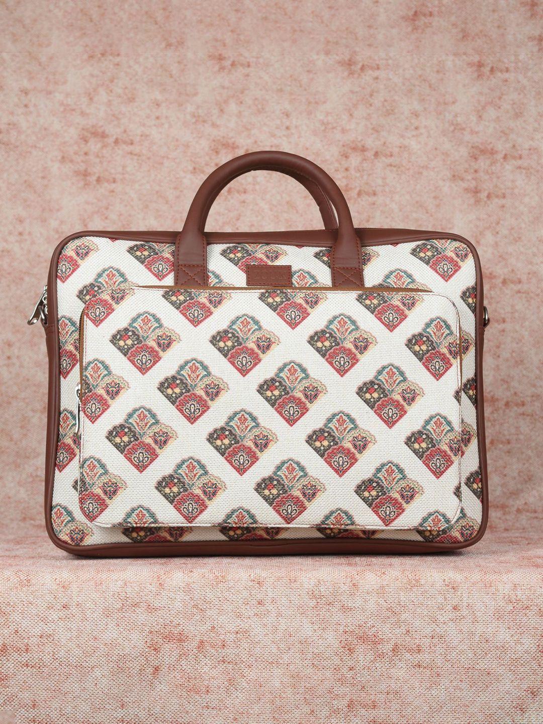 zouk women white & brown printed vegan leather laptop bag