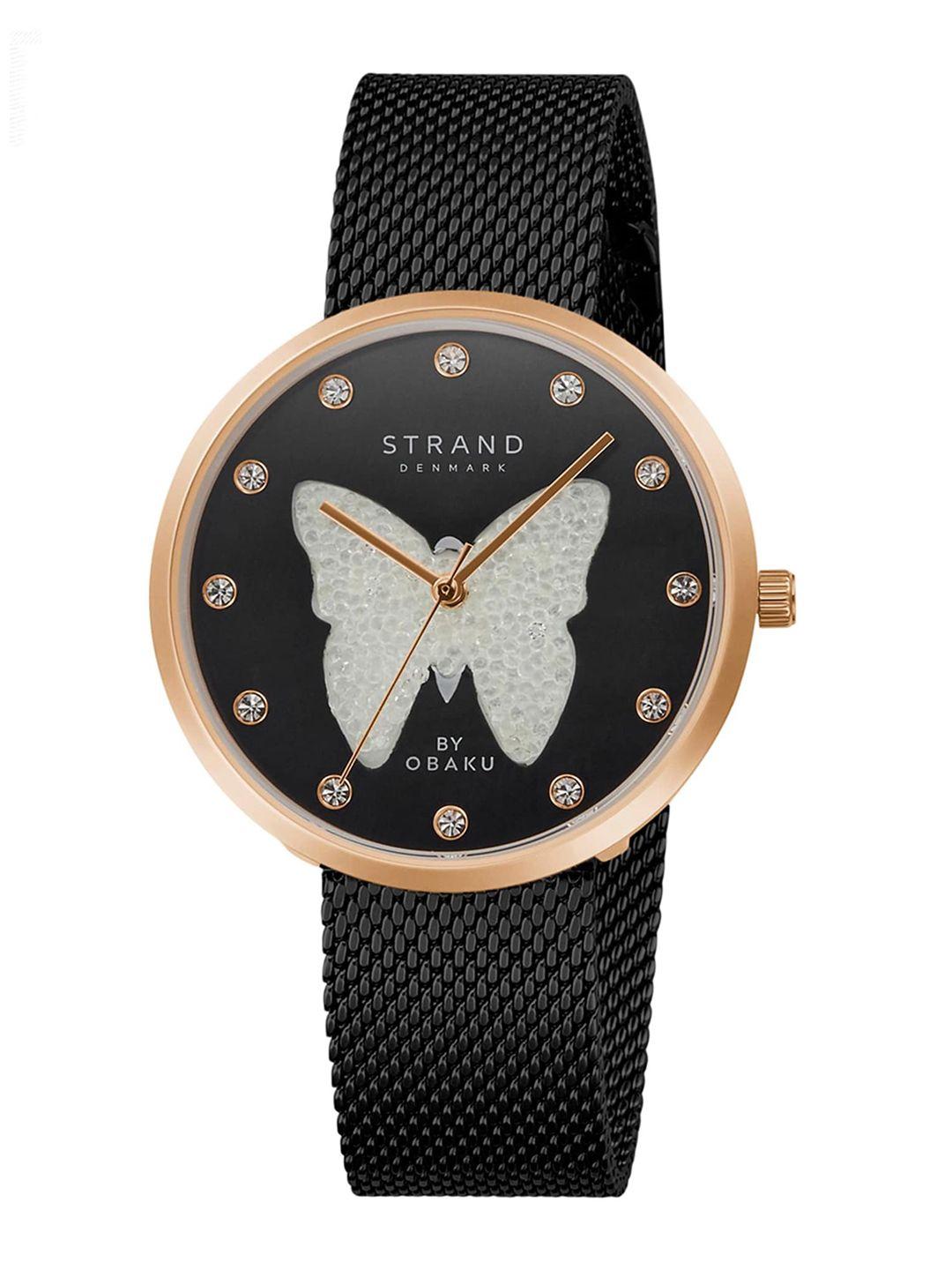 strand by obaku women black brass embellished dial & stainless steel strap analogue watch s700lhvbmb-dbw