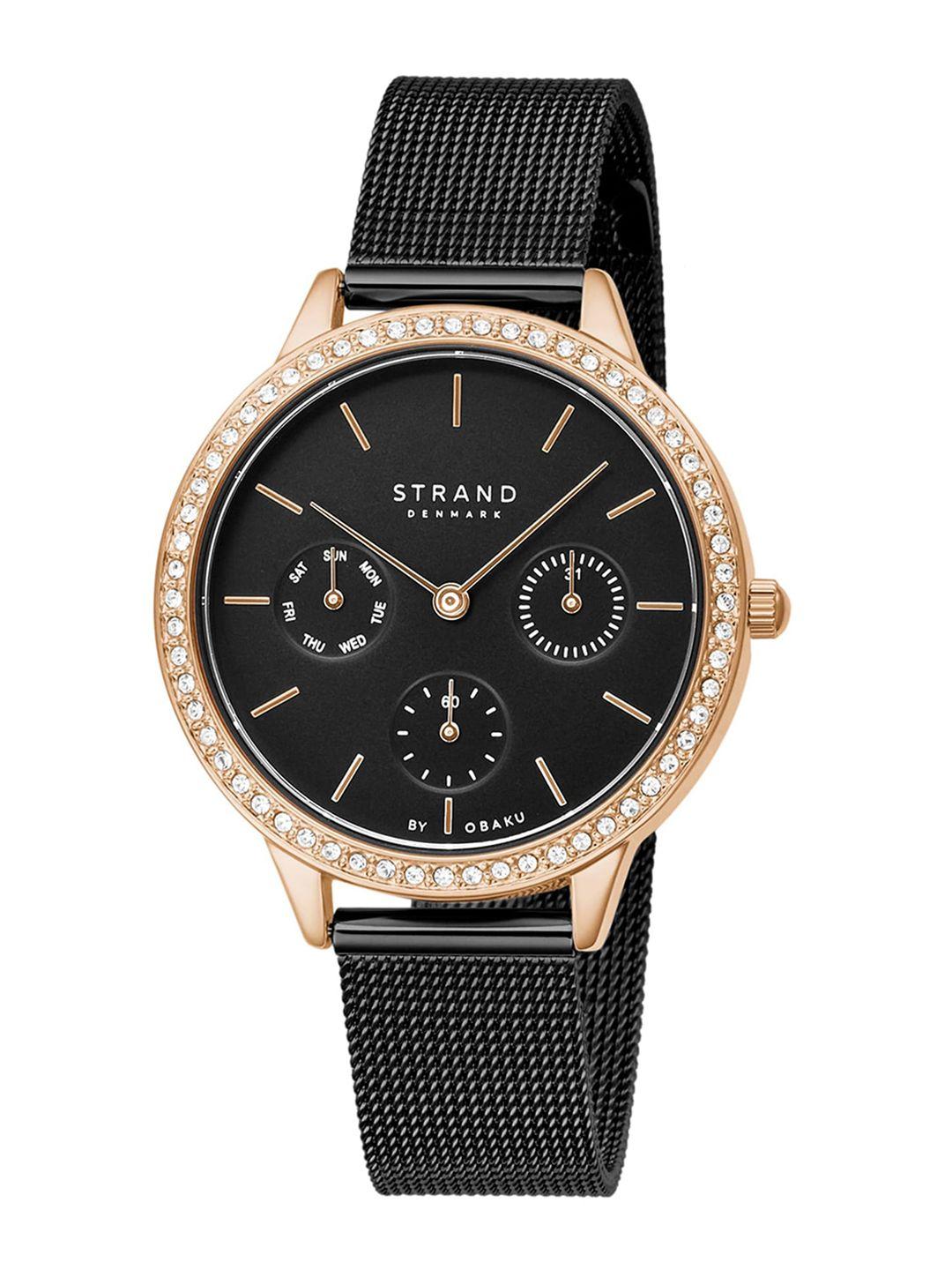 strand by obaku women black brass embellished stainless steel analogue watch