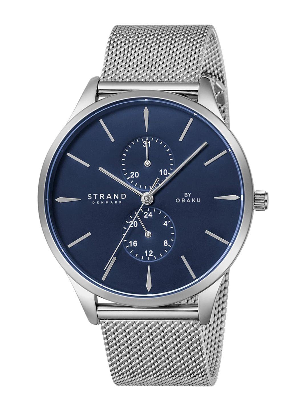 strand by obaku men blue brass dial & silver toned straps analogue watch s703gmclmc