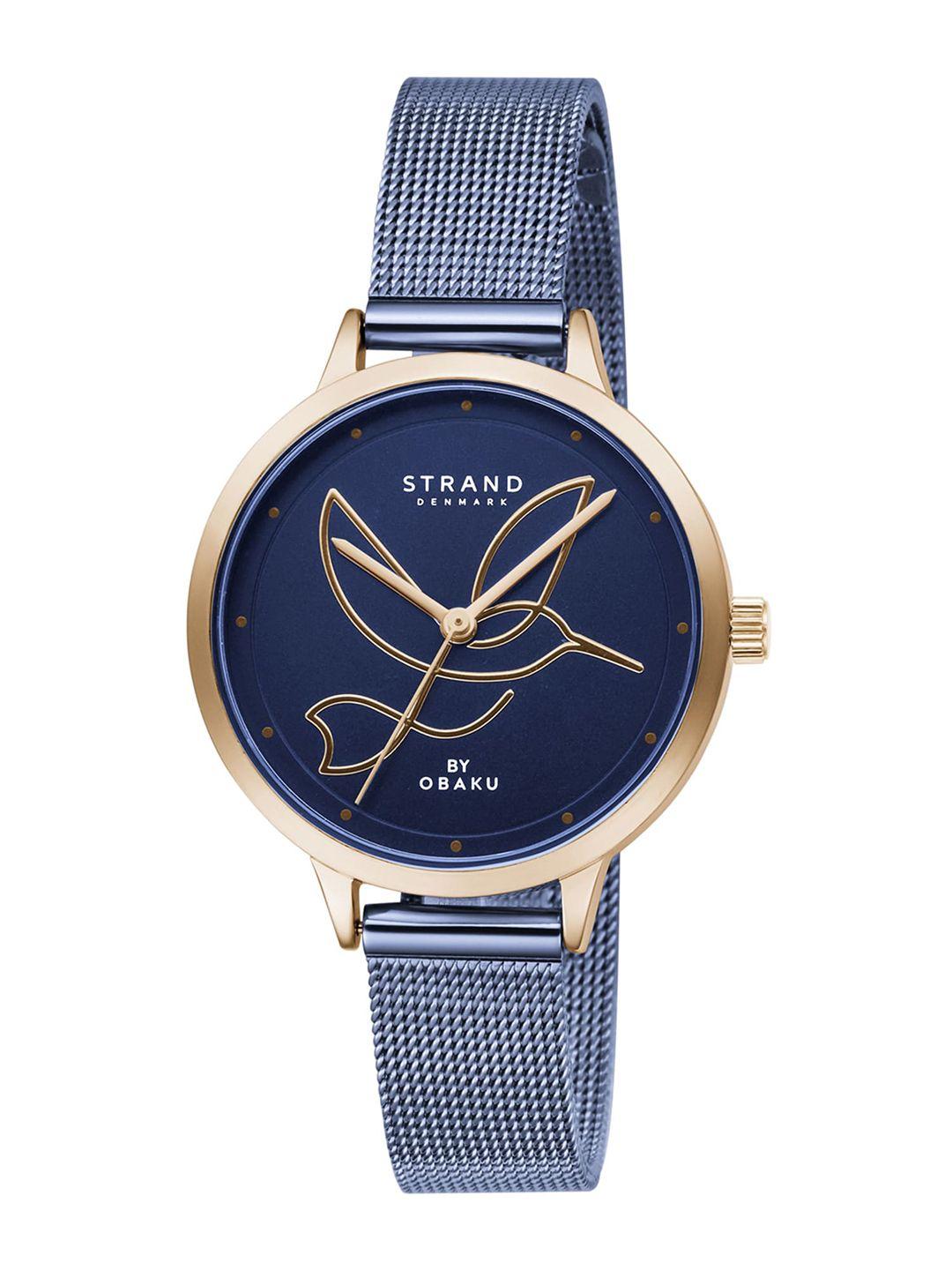 strand by obaku women blue brass printed dial & blue straps analogue watch - s720lxvlm