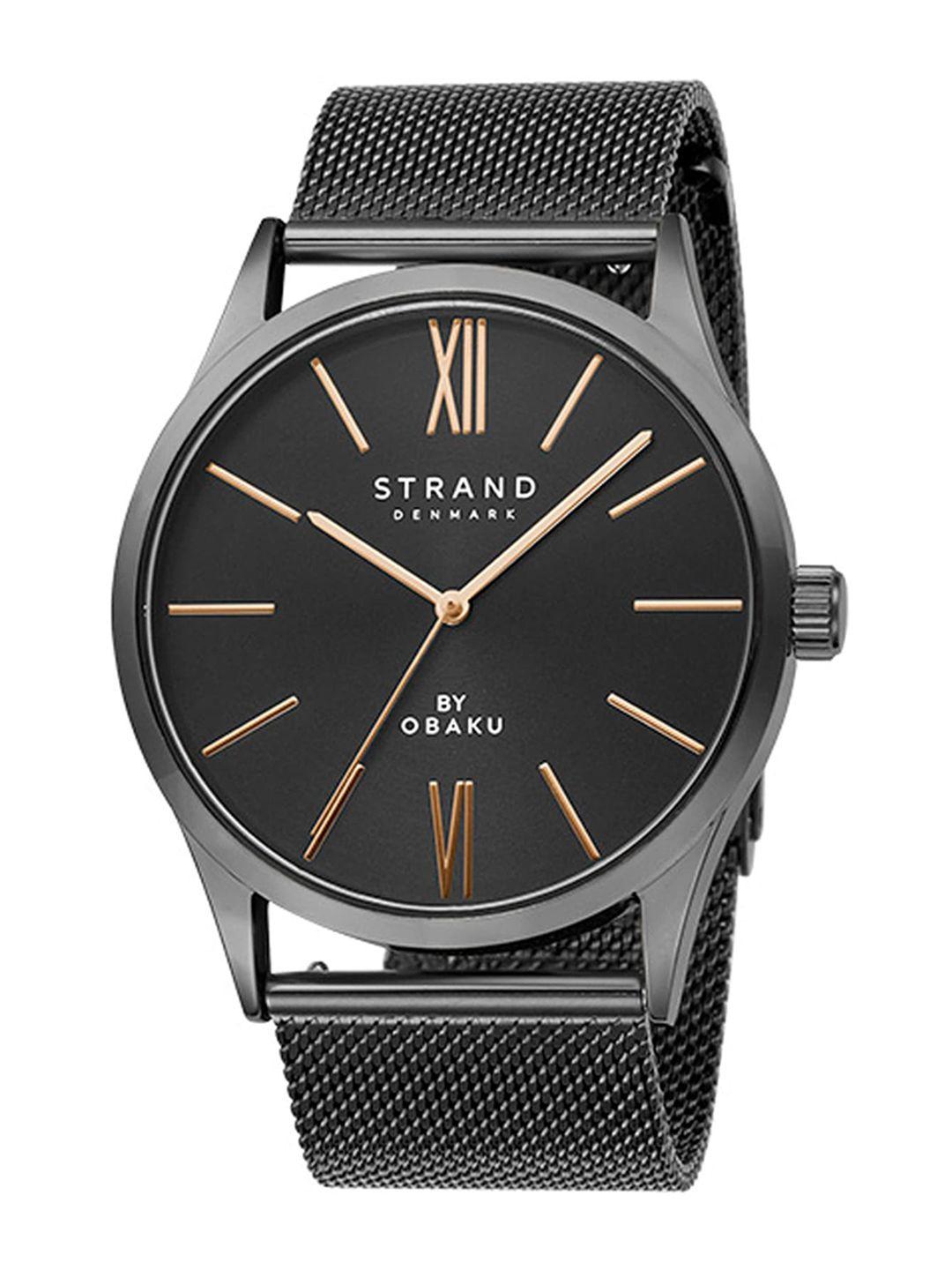 strand by obaku men black brass dial & black straps analogue watch - s720gxbbmb