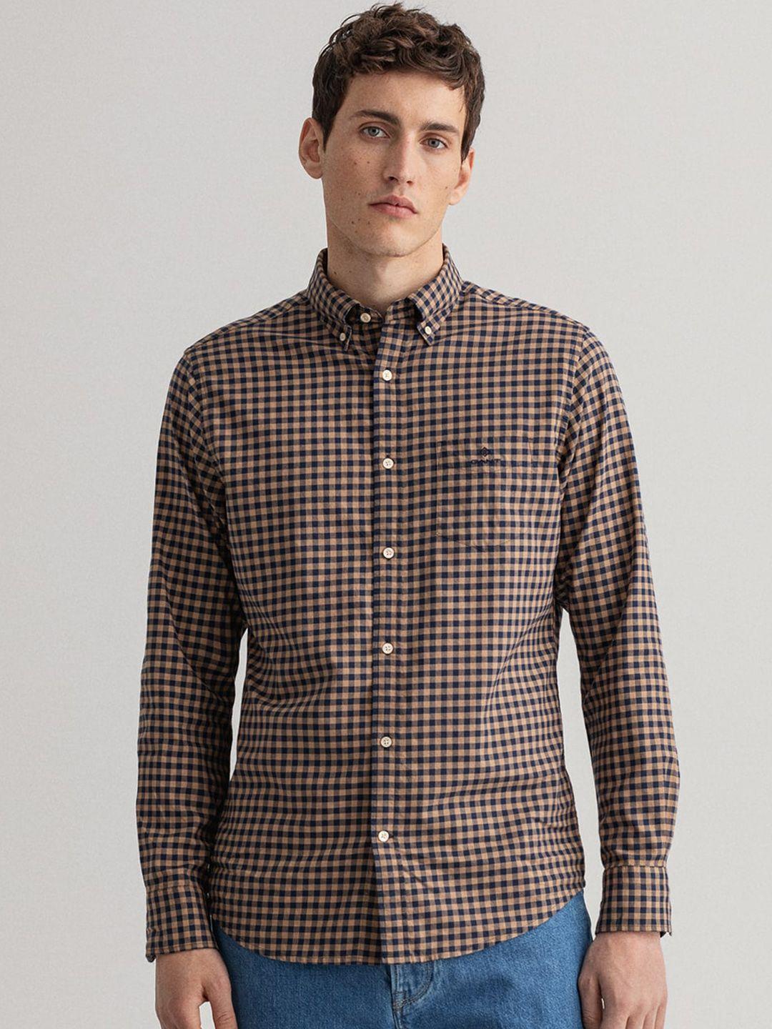 gant men khaki & navy blue gingham checks opaque checked cotton casual shirt