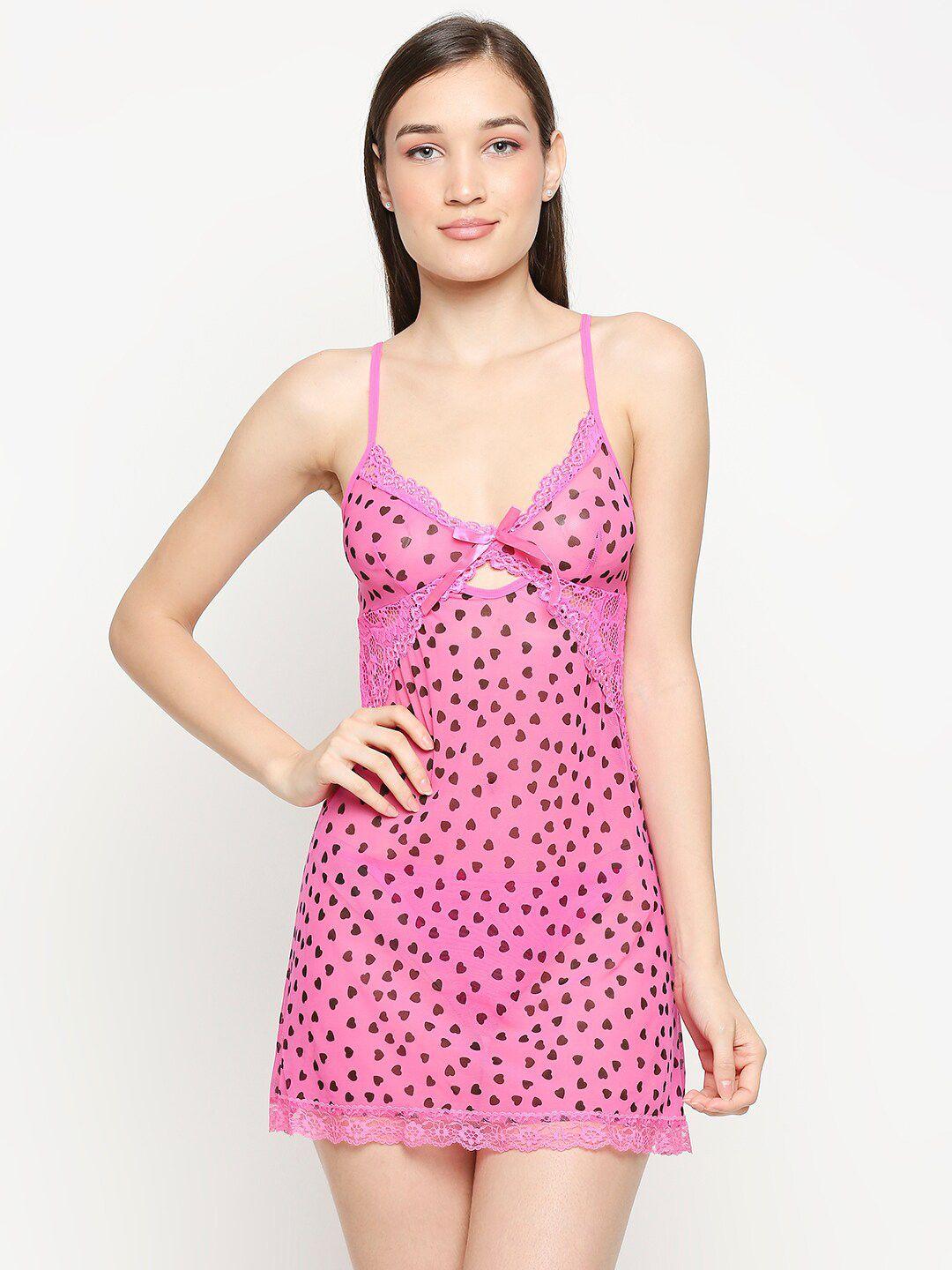 lady love pink & black net printed baby doll