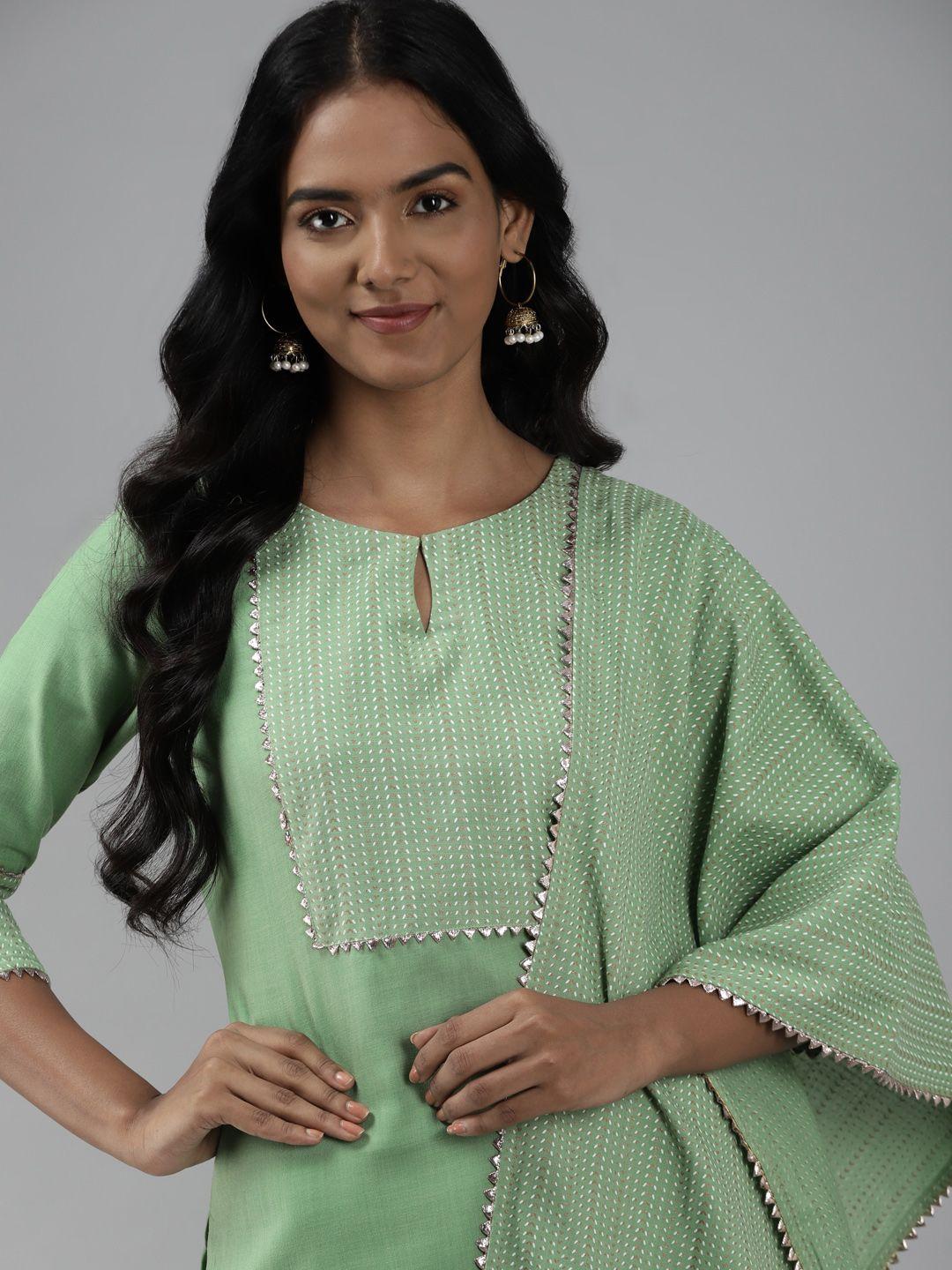 indo era women green yoke design gotta patti kurta with palazzos & dupatta